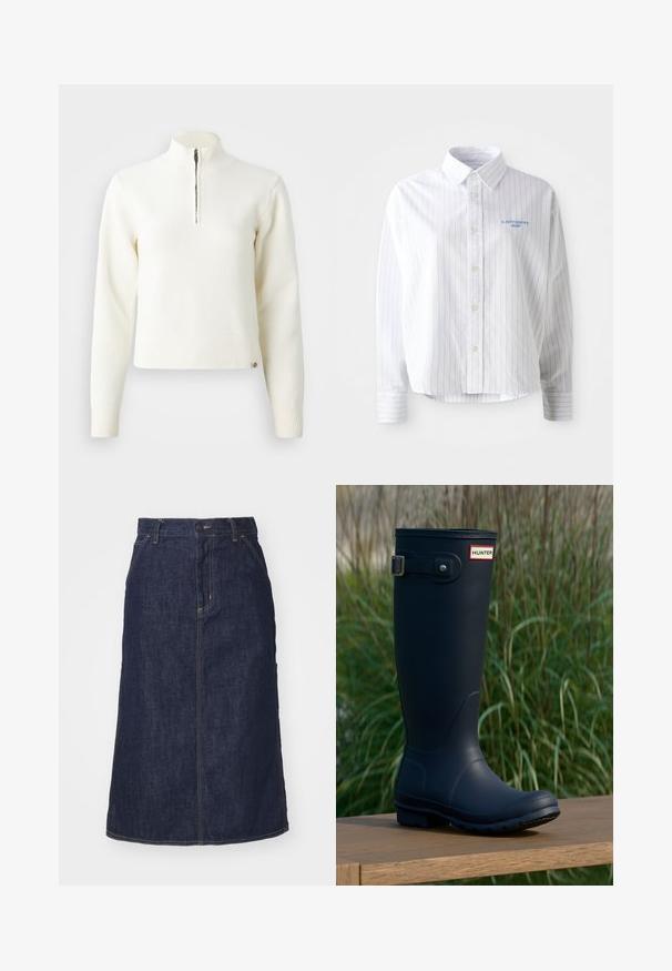 Hvid, sweater med lynlås ved halsen og lange ærmer. Lavet af et blødt strikmateriale, med ribbede manchetter og kant. Diskret mærke-logo ved kanten.; Hvid skjorte med lyseblå lodrette striber, en spids krave og et lille blåt logo på venstre bryst. Forarbejdet i bomuldsstof, afslappet pasform.; Mørk denimnederdel med høj talje, lige skæring, forlommer og stikninger. Har lynlås og knaplukning i taljen.; Marine gummistøvle med rund tå, tekstureret overflade, justerbar spænde detaljer og Hunter-logo nær toppen. Stabilt sål med mønster.
