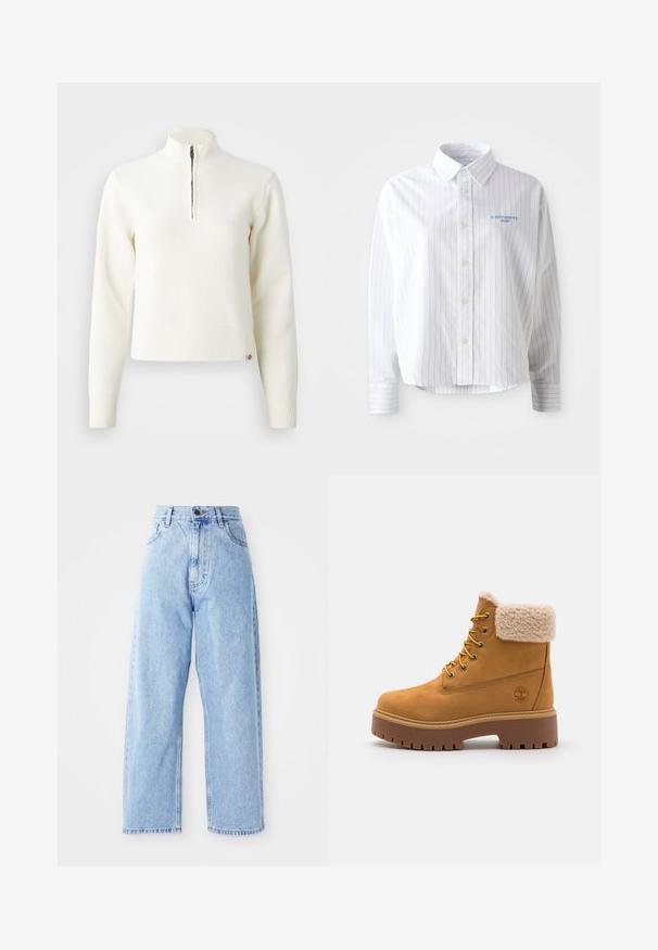 Hvid, sweater med lynlås ved halsen og lange ærmer. Lavet af et blødt strikmateriale, med ribbede manchetter og kant. Diskret mærke-logo ved kanten.; Hvid skjorte med lyseblå lodrette striber, en spids krave og et lille blåt logo på venstre bryst. Forarbejdet i bomuldsstof, afslappet pasform.; Højhalset lysblå denimjeans med lige vide ben, frontknap, lynlås lukning samt front- og baglommer.; Tan ruskindsstøvle med en kunstig pelskrave, gyldne øjer og en kontrasterende gummisål. Har et logo på siden og struktureret sål.