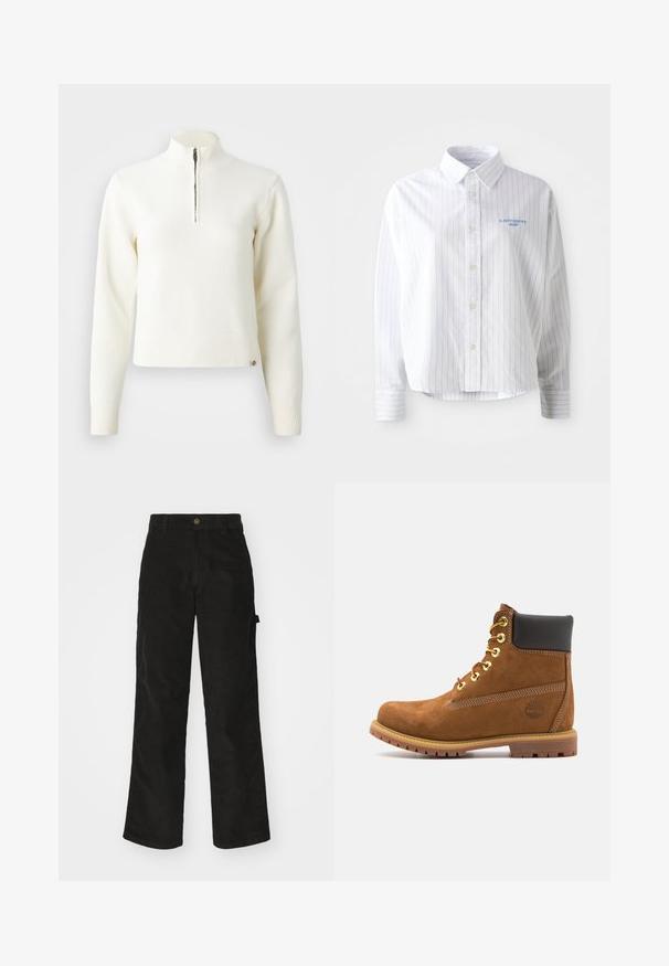 Pull-over blanc à col zippé et manches longues. Fabriqué en matériau tricoté doux, avec des poignets et un ourlet côtelés. Logo de la marque subtil à l'ourlet.; Chemise blanche à boutons avec des rayures verticales bleu clair, un col pointu et un petit logo bleu sur la poitrine gauche. Tissu en coton, coupe décontractée.; Pantalon en velours côtelé noir avec une coupe droite, doté d'une fermeture à bouton et de poches latérales. Texture lisse avec de fines rayures verticales.; Bottine en suede marron avec col rembourré noir, œillets en or, devant à lacets et semelle en caoutchouc avec un motif texturé.