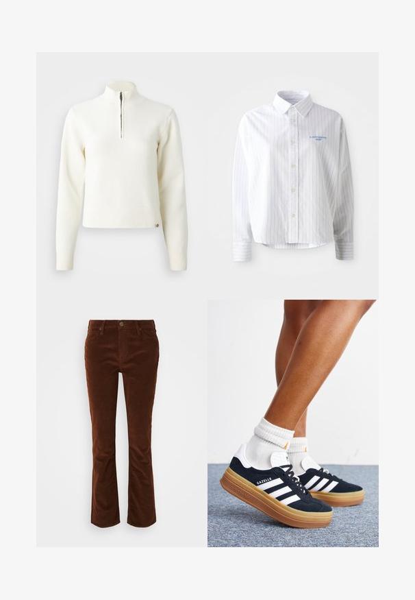 Pull-over blanc à col zippé et manches longues. Fabriqué en matériau tricoté doux, avec des poignets et un ourlet côtelés. Logo de la marque subtil à l'ourlet.; Chemise blanche à boutons avec des rayures verticales bleu clair, un col pointu et un petit logo bleu sur la poitrine gauche. Tissu en coton, coupe décontractée.; Pantalons en velours côtelé marron évasés avec une texture lisse, présentant une braguette zippée et un bouton de fermeture, ainsi qu'un design standard à cinq poches.; Jambes portant des chaussettes blanches et des baskets Adidas Gazelle noires avec des bandes blanches et des semelles épaisses marron sur un sol recouvert de moquette grise.