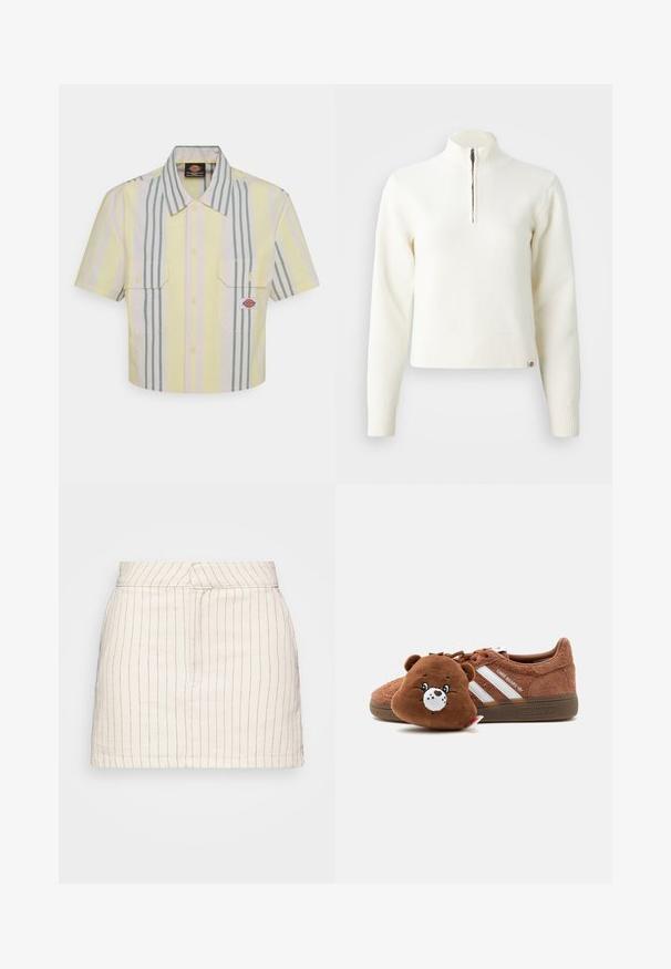 Hvid, sweater med lynlås ved halsen og lange ærmer. Lavet af et blødt strikmateriale, med ribbede manchetter og kant. Diskret mærke-logo ved kanten.; Kraftig kortærmet skjorte i lysegul med lodrette grønne og pastelfarvede striber. Har to brystlommer og et logo-patch på venstre lomme.; Cremefarvet nederdel med tynde røde lodrette striber, med en tætsiddende pasform og lige kant. Fremstillet af et letvægtsstof.; Brun tekstureret Adidas-sneaker med hvide striber og teksten "Care Bears", kombineret med en plyssede Care Bears-bamse møntlomme.