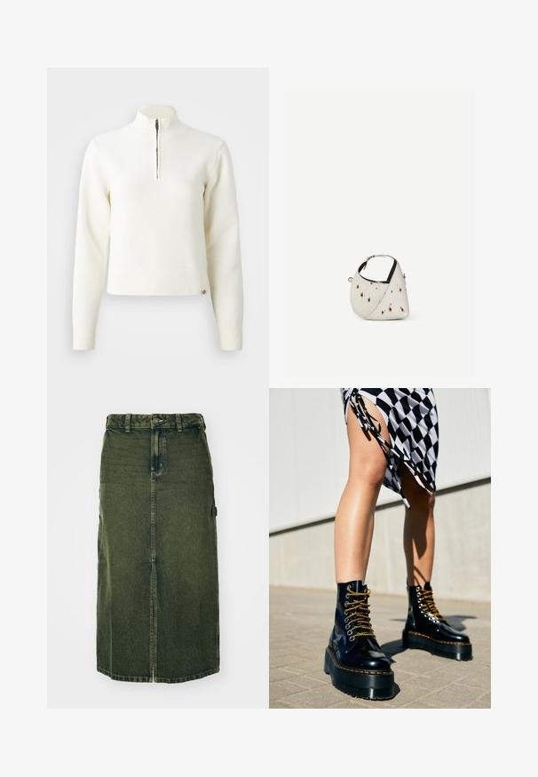Hvid, sweater med lynlås ved halsen og lange ærmer. Lavet af et blødt strikmateriale, med ribbede manchetter og kant. Diskret mærke-logo ved kanten.; Grøn denimnederdel med mellemlangt snit, frontslids, knaplukning og bæltestropper. Dens struktur er let falmet, med sidelommer.; Sorte læder platform støvler med chunky såler, guld snørebånd og orange syninger, kombineret med en ternet nederdel med en sideslids.; Lille hvid håndtaske med brune pletter, afrundet trekantet form, sort indvendig foring og kort justerbar rem med sølvspænde.