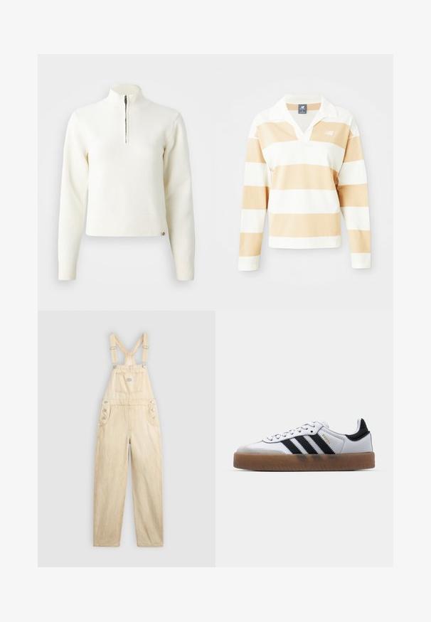 Witte sweater met ritssluiting en lange mouwen. Gemaakt van een zachte gebreide stof, met ribgebreide boorden en een zoom. Subtiele merklogo aan de zoom.; Langarm poloshirt in wit met lichtbruine strepen. Voorzien van een kraag, zachte stof en een klein logo op de linkerborst.; Lichtbeige overall van denim, met een vierkante zak, verstelbare banden, drukknoopsluitingen aan de zijkant en een wijde pijp.; Witte leren sneakers met zwarte strepen, gumrubberen buitenzool, ronde neus, vetersluiting en een zachte grijze suède neuskap.