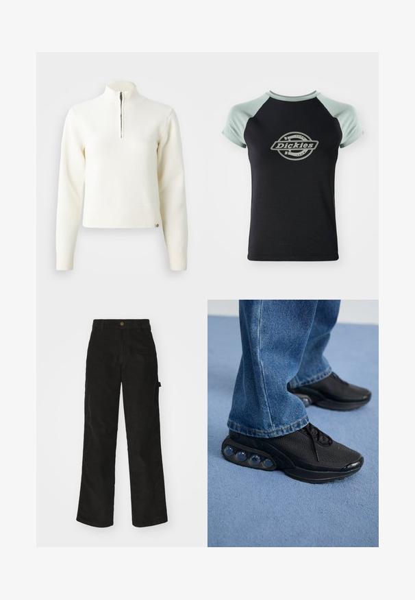 Suéter blanco con cuello de cremallera y mangas largas. Fabricado en un material de punto suave, con puños y dobladillo acanalados. Logo de la marca sutil en el dobladillo.; Camiseta negra con mangas raglán verde claro. Presenta un logo circular central con el texto "Dickies" en un diseño de cuerda. Textura de tela suave.; Pantalones de pana negros con un diseño de pierna recta, que presentan un cierre de botón y bolsillo lateral. Textura suave con finas rayas verticales.; Zapatillas deportivas negras con parte superior de malla, acentos texturizados y cápsulas de amortiguación de aire visibles en la suela. Combinadas con jeans de mezclilla azul.
