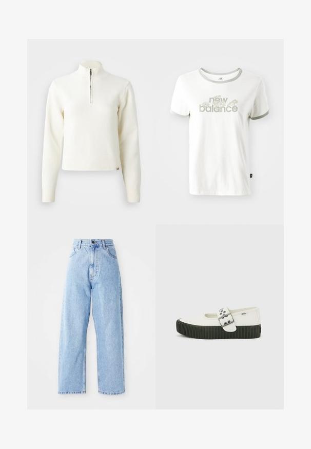 Pull-over blanc à col zippé et manches longues. Fabriqué en matériau tricoté doux, avec des poignets et un ourlet côtelés. Logo de la marque subtil à l'ourlet.; T-shirt en coton blanc avec des bords gris, arborant un motif floral et le texte "new balance" en vert clair. Manches courtes, coupe standard.; Jeans en denim bleu clair taille haute avec des jambes droites larges, fermeture à bouton à l'avant, fermeture éclair et poches avant et arrière.; Chaussure Mary Jane blanche Vans avec semelle épaisse noire côtelée et large bride à boucle argentée sur fond gris uni.