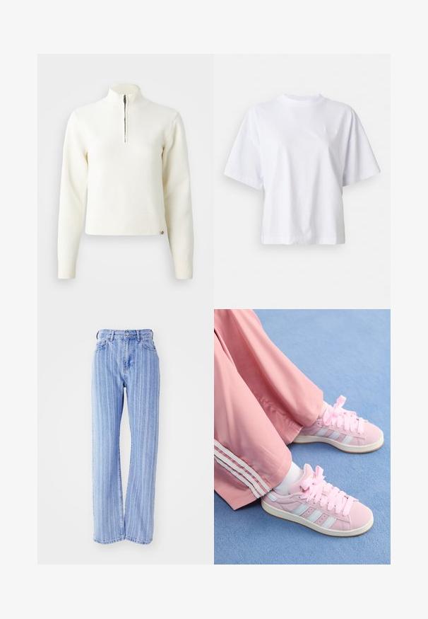 Hvid, sweater med lynlås ved halsen og lange ærmer. Lavet af et blødt strikmateriale, med ribbede manchetter og kant. Diskret mærke-logo ved kanten.; Hvid bomulds t-shirt med en afslappet pasform, korte ærmer og ribbet rund halsudskæring. Har subtil branding på brystet.; Lyseblå denimjeans med vertikale hvide striber, høj talje, løs pasform, fem lommer og knaplukning.; Lyserøde atletiksko med lyseblå striber, rund tå og tykke lyserøde snørebånd, parret med lyserøde træningsbukser med hvide sidelister.