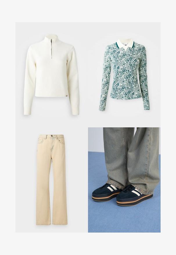 Biely sveter s dlhými rukávmi a zipsom pri krku. Vyrobený z mäkkej pleteniny, so žebrovanými manžetami a lemom. Prenikajúce logo značky na leme.; Dlhý rukáv priliehavá košeľa s tyrkysovo-bielym kvetinovým vzorom a bielym golierom s tyrkysovým lemovaním na jednolatom pozadí.; Béžové široké džínsy vyrobené z denimu, s vysokým pásom, prednými vreckami, zapínaním na gombík a kontrastným stehom.; Tmavomodré semišové platformové tenisky s bielymi pruhmi a čiernymi šnúrkami. Majú hrubú hnedú gumovú podrážku. Nosia sa s svetlomodrými džínsami.