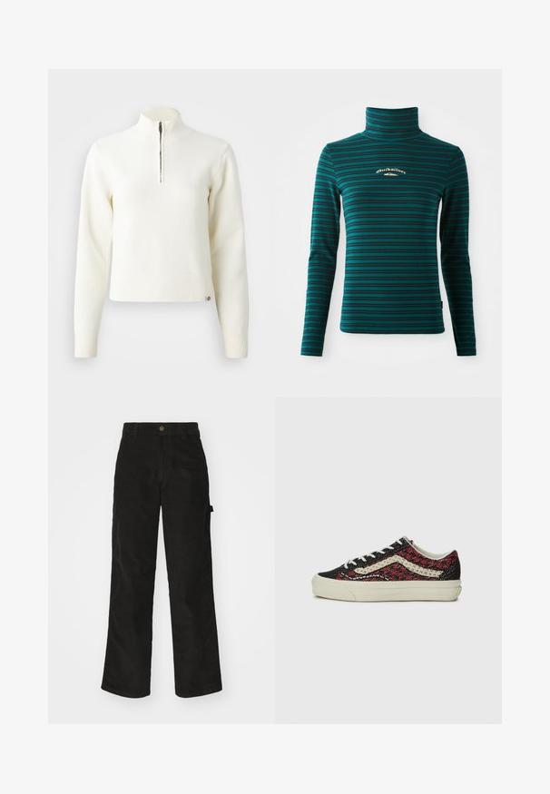 Hvid, sweater med lynlås ved halsen og lange ærmer. Lavet af et blødt strikmateriale, med ribbede manchetter og kant. Diskret mærke-logo ved kanten.; Langærmet turtleneck top i teal med mørkeblå vandrette striber. Har et lille hvidt og guld logo på brystet. Blødt, strækbart stof.; Sorte kordfløjsbukser med et lige ben-design, der har en knaplukning og sidelommer. Glat tekstur med fine lodrette striber.; Vans OLD SKOOL 36 UNISEX - Sneakers - bordeaux