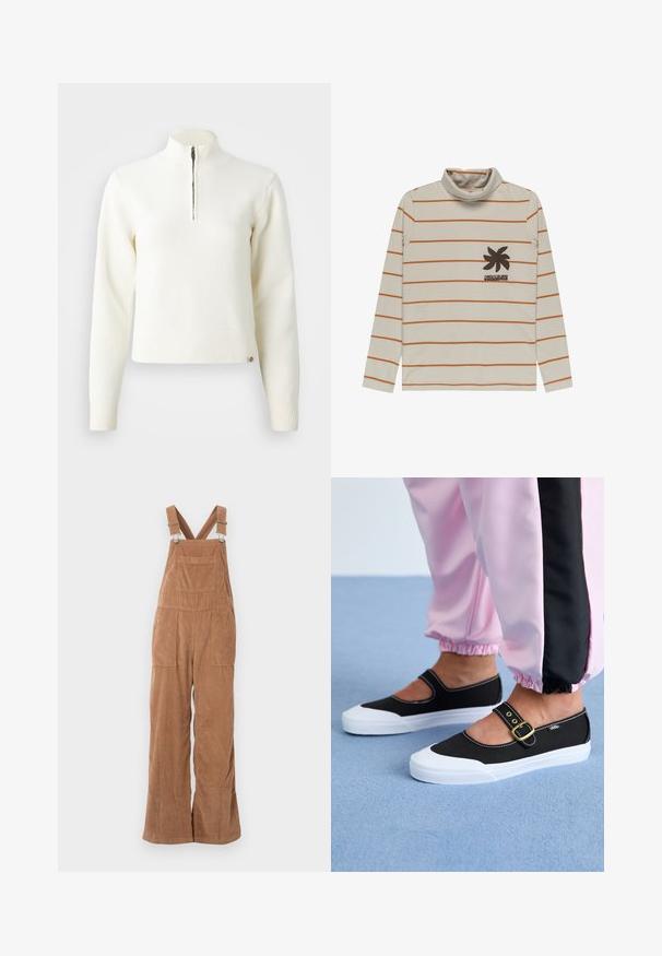 Hvid, sweater med lynlås ved halsen og lange ærmer. Lavet af et blødt strikmateriale, med ribbede manchetter og kant. Diskret mærke-logo ved kanten.; Cremefarvet langærmet turtleneck bluse med orange horisontale striber og et palmetræsgrafik i mørkebrune nuancer på venstre bryst. Blødt stof.; Brune kordfløjs overalls med brede ben, justerbare stropper og forlomme. Blød tekstur med lodret ribbet mønster.; Sorte lærredssko med en hvid sål, der har et udskæringsdesign og et guldspænde. Bæret med lyserøde træningsbukser.
