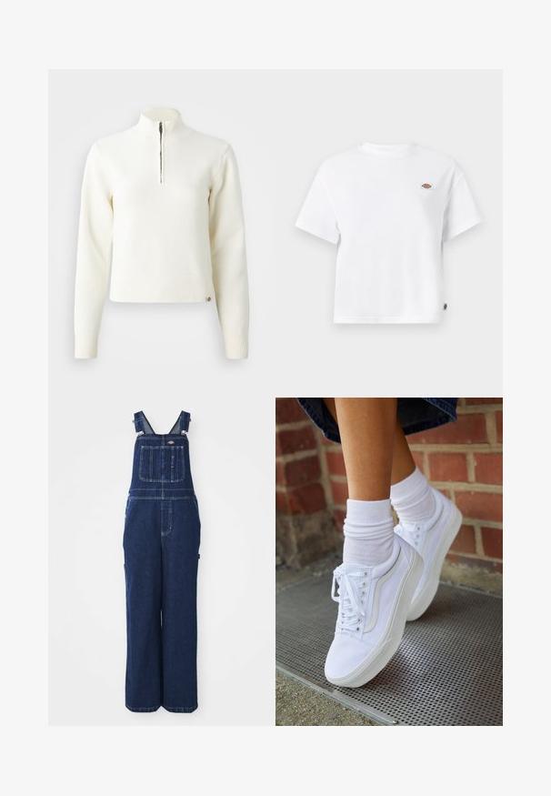 Weißer Sweater mit Reißverschluss am Hals und langen Ärmeln. Aus weichem Strickmaterial gefertigt, mit gerippten Bündchen und Saum. Dezentes Markenlogo am Saum.; Weißes Baumwoll-T-Shirt mit einem lockeren Schnitt, das ein kleines Logopatch auf der Brust und ein Etikett an der Seite für zusätzliche Details aufweist.; Jeans-Overalls in Dunkelblau, mit verstellbaren Trägern, Brusttasche, Seitentaschen und einer lockeren, weiten Passform. Klassische Nähdetails.; Weiße Leinensneaker mit Gummisohlen, ausgestattet mit sechs Ösen, runder Zehenpartie und dezenten Nähten, kombiniert mit weißen Knöchelsocken.