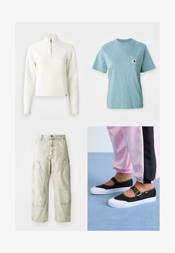 Hvid, sweater med lynlås ved halsen og lange ærmer. Lavet af et blødt strikmateriale, med ribbede manchetter og kant. Diskret mærke-logo ved kanten.; Lyseblå kortærmet bomulds T-shirt med brystlomme og et lille sort-hvidt Carhartt logo patch.; Lys grønne capribukser i cargo-stil lavet af denim, med store sidelommer, knap- og lynlåslukning samt synlige syninger.; Sorte lærredssko med en hvid sål, der har et udskæringsdesign og et guldspænde. Bæret med lyserøde træningsbukser.
