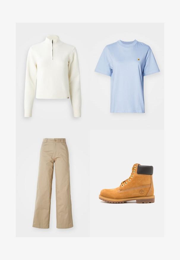 Pull-over blanc à col zippé et manches longues. Fabriqué en matériau tricoté doux, avec des poignets et un ourlet côtelés. Logo de la marque subtil à l'ourlet.; T-shirt en coton bleu clair à manches courtes, col rond et petit logo jaune brodé sur la poitrine. Texture douce, coupe décontractée.; Pantalons larges beiges en coton, avec fermeture à bouton et passants de ceinture, présentant une texture lisse et une finition soignée.; Bottine en cuir marron avec rembourrage noir, œillets dorés et semelle texturée. Présente un logo circulaire sur le côté et des accents de couture.