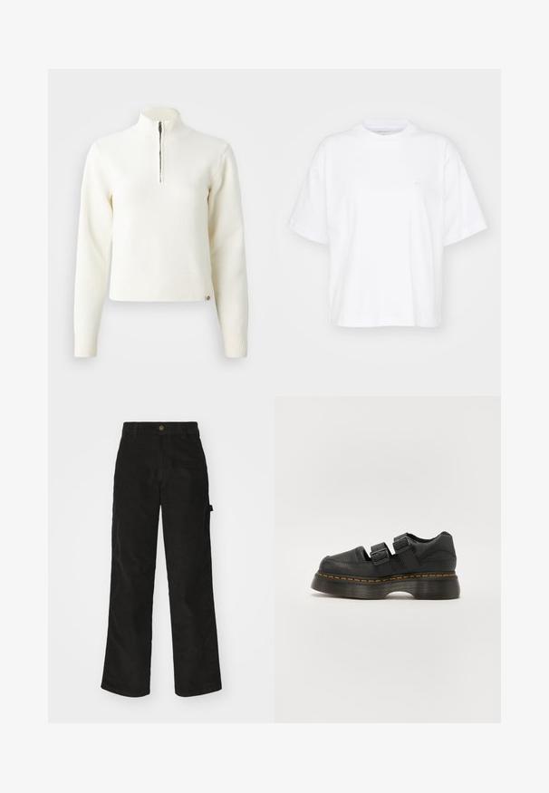 Hvid, sweater med lynlås ved halsen og lange ærmer. Lavet af et blødt strikmateriale, med ribbede manchetter og kant. Diskret mærke-logo ved kanten.; Hvid bomulds t-shirt med rund hals, korte ærmer og en afslappet pasform. Har et diskret logo på venstre brystområde. Glat tekstur.; Sorte kordfløjsbukser med et lige ben-design, der har en knaplukning og sidelommer. Glat tekstur med fine lodrette striber.; Sorte lædersko med to justerbare spænder, forhøjet tekstureret sål og synlig orange syning langs mellemsålen.