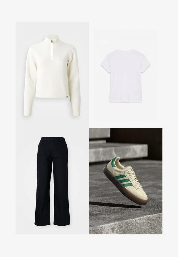 Pull-over blanc à col zippé et manches longues. Fabriqué en matériau tricoté doux, avec des poignets et un ourlet côtelés. Logo de la marque subtil à l'ourlet.; T-shirt en coton blanc uni à manches courtes et col rond, étalé à plat sur un fond blanc.; Pantalons noirs à jambes larges en coton. Dotés d'une fermeture à bouton à l'avant, de passants de ceinture et d'une texture lisse. Pas de motifs ou d'accents visibles.; Baskets couleur crème avec des accents verts, trois bandes vertes, semelle en caoutchouc texturée et design classique à lacets. Logo "Samba" sur le côté.
