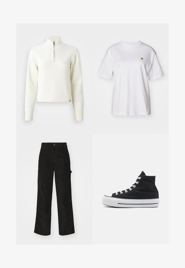 Hvid, sweater med lynlås ved halsen og lange ærmer. Lavet af et blødt strikmateriale, med ribbede manchetter og kant. Diskret mærke-logo ved kanten.; Hvid bomulds-t-shirt med en afslappet pasform, korte ærmer og et lille broderet logo på venstre brystområde.; Sorte kordfløjsbukser med et lige ben-design, der har en knaplukning og sidelommer. Glat tekstur med fine lodrette striber.; Høje canvas sneakers i sort med hvid gummitå, hvide snørebånd og en struktureret sort overdel. Mellemsål i sort og hvid strib.