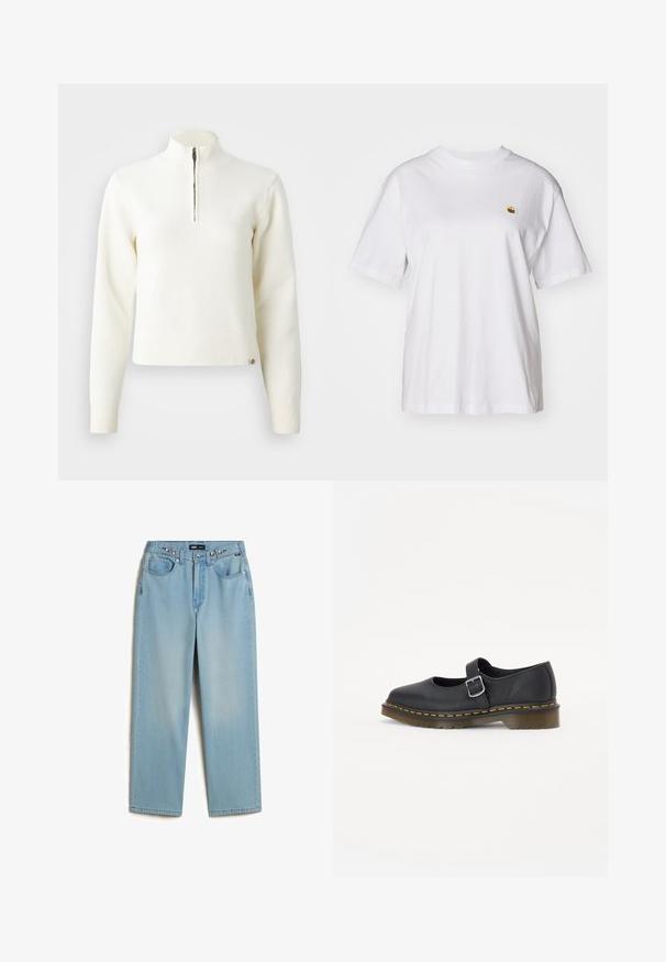 Hvid, sweater med lynlås ved halsen og lange ærmer. Lavet af et blødt strikmateriale, med ribbede manchetter og kant. Diskret mærke-logo ved kanten.; Hvid bomulds-t-shirt med en afslappet pasform, korte ærmer og et lille broderet logo på venstre brystområde.; Vans CINCHED CHECK - Baggy jeans - light stonewash; Sorte læder Mary Jane sko med en rund tå, justerbar spænde, gul syning og en kraftig brun gummisål.