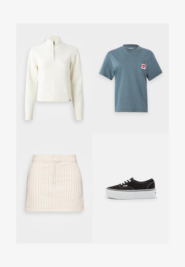 Pull-over blanc à col zippé et manches longues. Fabriqué en matériau tricoté doux, avec des poignets et un ourlet côtelés. Logo de la marque subtil à l'ourlet.; T-shirt bleu à manches courtes avec col rond, poche sur le côté gauche de la poitrine ornée d'un logo Carhartt WIP en forme de cœur rouge et blanc.; Jupe crème avec de fines rayures verticales rouges, présentant un design ajusté et un ourlet droit. Fabriquée à partir d'un tissu léger.; Baskets en toile noires avec une semelle en caoutchouc blanc, dotées de lacets et de coutures blanches, marquage emblématique sur le côté, design basse.