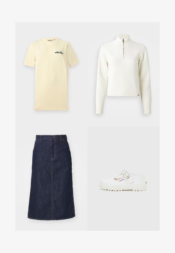Pull-over blanc à col zippé et manches longues. Fabriqué en matériau tricoté doux, avec des poignets et un ourlet côtelés. Logo de la marque subtil à l'ourlet.; T-shirt jaune pâle à manches courtes et col rond avec un petit logo Ellesse bleu foncé sur la poitrine gauche sur fond clair.; Jupe en denim foncé à taille haute, coupe droite, poches avant et coutures surpiquées. Fermeture à glissière et bouton à la taille.; Chaussure Mary Jane en toile blanche avec semelle épaisse à crampons et boucle argentée, estampillée d'une petite étiquette "Superga" sur le côté.