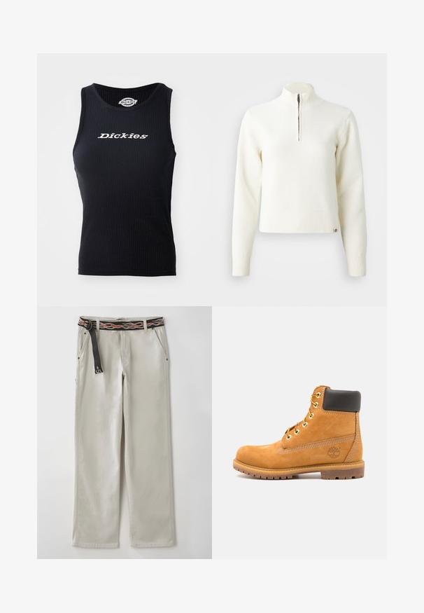 Pull-over blanc à col zippé et manches longues. Fabriqué en matériau tricoté doux, avec des poignets et un ourlet côtelés. Logo de la marque subtil à l'ourlet.; Top en ribbed noir avec un col arrondi et le logo "Dickies" imprimé en blanc sur la poitrine.; Pantalons larges gris clair avec une ceinture noire ornée de motifs de flammes orange. Fabriqués en coton, avec des poches latérales et une silhouette décontractée.; Bottine en cuir marron avec rembourrage noir, œillets dorés et semelle texturée. Présente un logo circulaire sur le côté et des accents de couture.