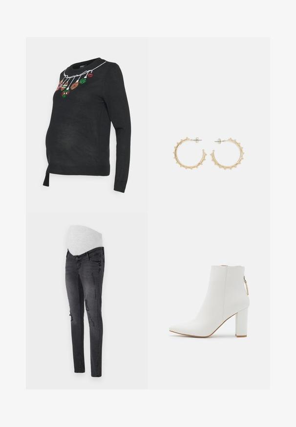 ONLY MATERNITY OLMXMAS - Svetrík - black/bauble; Tehotenské jeansy v tmavosivej džínsovine s pružným pásom, s vyblednutými detailami a priliehavým strihom.; RAID NETHRA - Klasické členkové čižmy - white; Zlaté kruhové náušnice s textúrovaným dizajnom, ktoré majú malé korálky pozdĺž okraja. Majú uzavretý tvar kruhu a upevnenie na kolík.