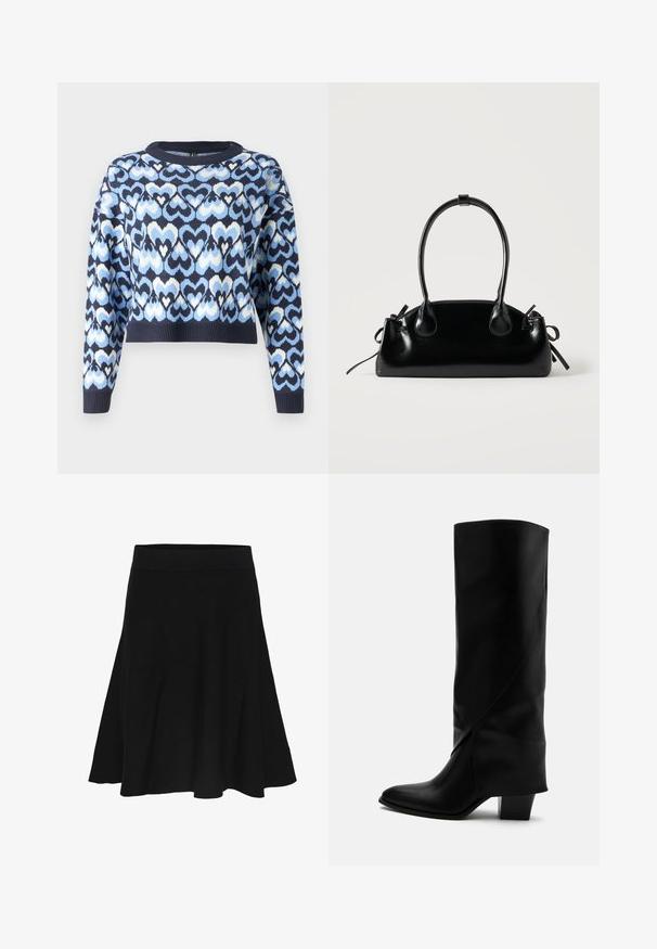 Marineblauwe trui met een patroon van in elkaar grijpende harten in lichtblauw en wit. Cropped stijl met een ronde hals en geribde manchetten.; Zwarte, uitlopende rok tot op de knie met een brede, elastische tailleband en een gladde stoftextuur, weergegeven tegen een witte achtergrond.; Hoge zwarte leren laars met schuine stiksels, puntige neus en stevige hak van gemiddelde hoogte op witte achtergrond.; Kleine zwarte glanzende handtas met twee lange hengsels en zijkant trekkoord details op een effen lichte achtergrond.