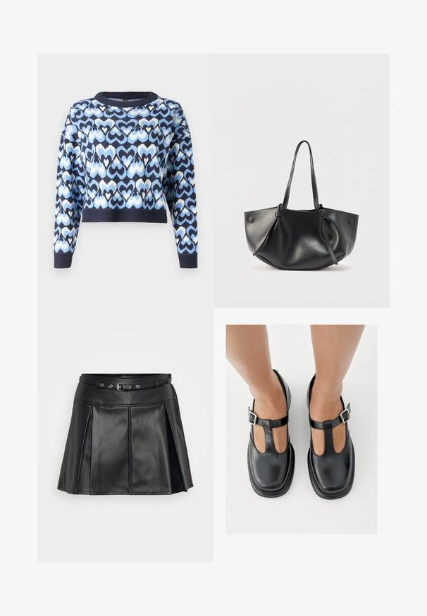 Marineblauwe trui met een patroon van in elkaar grijpende harten in lichtblauw en wit. Cropped stijl met een ronde hals en geribde manchetten.; Zwarte kunstleren rok met een getailleerde tailleband, verstelbare riem en geplooid ontwerp. Heeft een gladde textuur en een op maat gemaakte snit.; Zwarte leren schoenen met een T-bandontwerp, gesloten teensluiting en zilverkleurige gespdetails. Glad oppervlak met een ronde neus en platte zool.; Zwarte leren schoudertas met twee lange hengsels, een zachte afgeronde vorm en knoopdetails aan elke kant.