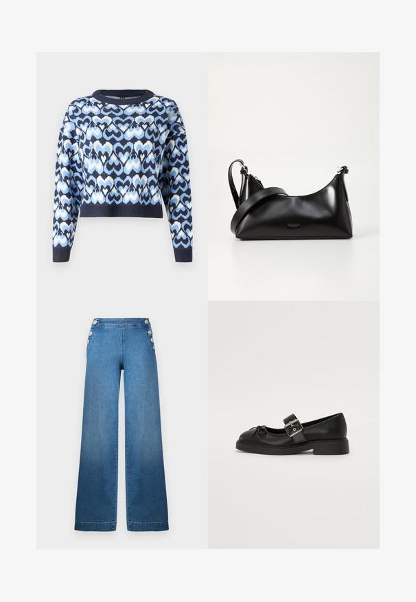 Marineblauer Pullover mit einem Muster aus ineinandergreifenden Herzen in Hellblau und Weiß, im verkürzten Stil mit Rundhalsausschnitt und gerippten Bündchen.; Weite blaue Denim-Hose mit hoher Taille, knöpfbaren Seitendetails und einem sauberen Saum. Der Stoff hat eine glatte Textur mit einem leichten Verblassen.; Schwarze Leder-Mary-Jane-Schuhe mit runder Zehenpartie, Knöchelriemen und silberner Schnallenverzierung. Verfügt über eine flache, dicke Sohle und eine Schleifenakzent.; Schwarze lederne Handtasche mit glatter Textur. Verfügt über einen verstellbaren Riemen und ein elegantes, minimalistisches Design mit einem Reißverschluss.