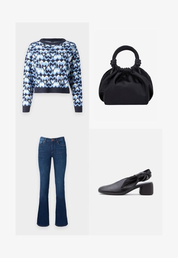 Marineblauwe trui met een patroon van in elkaar grijpende harten in lichtblauw en wit. Cropped stijl met een ronde hals en geribde manchetten.; Uitlopende blauwe denim jeans met een middelhoge taille, voorzien van voor- en achterzakken, oranje stiksels en een knoopsluiting.; Zwarte leren slingback met een afgeronde neus, een geknoopt banddetail en een lage blokhak op een witte achtergrond.; Zwarte zachte stoffen handtas met geplooide bovenkant en ronde gewatteerde handvatten, vastgeknoopt aan elke kant.