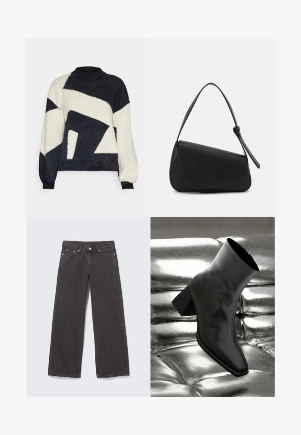 Pull en maille tricoté avec des motifs géométriques noir et crème, texturé, présentant un col haut et de longues manches.; Jean en denim noir à jambes larges avec rivets en cuivre, cinq poches et fermeture par boutons. Texture douce et robuste, coupe droite de la taille à l'ourlet.; Botte noire à la cheville en matériau brillant avec un bout carré et un talon effilé, sur un fond argenté brillant et capitonné.; Sac à main en cuir noir de forme triangulaire, avec un rabat incliné et une poignée supérieure arrondie. Il présente une texture lisse et des détails de design minimalistes.