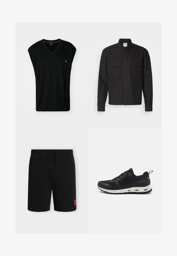 Sort ærmeløs sweater med V-hals, der har ribbet tekstur og et lille logo på brystet. Den indre halsudskæring har en grøn detalje.; Sort langærmet skjorte med knapfront, to brystlommer, en lige krave og en tekstureret stoffinish. Subtilt brandlogo på lommen.; Sorte knælange shorts med elastisk taljebånd og snøre, med en lille rød rektangulær logo-patch på venstre underben.; Sort sportsko med mesh-overdel og gummisål. Har en hvid mellemsål og branding på hælen. Snørebånd og en løftestrop inkluderet.