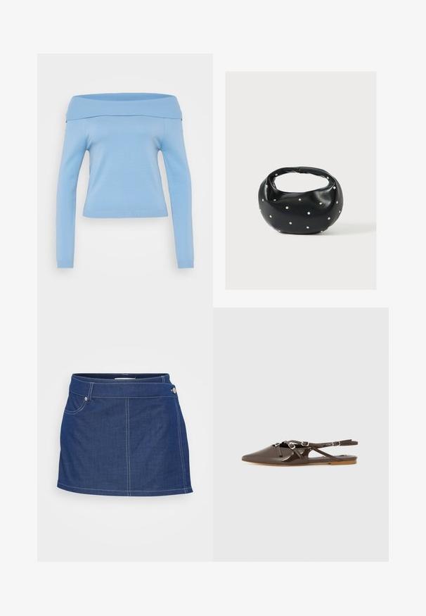 Top azul claro, sin mangas y de manga larga, con un cuello ribeteado y puños, diseño ajustado y tela suave y ligera.; Falda de mezclilla en azul oscuro con costuras blancas, que presenta un bolsillo delantero y detalles de botón de metal en la cintura. Forma clásica en A.; Zapato slingback de charol marrón con punta afilada, correas ajustables y suela plana. Presenta un diseño recortado para ventilación.; Bolso de mano de cuero negro con forma redondeada, decorado con detalles de tachuelas plateadas y un asa corta. Textura lisa y cierre con cremallera.