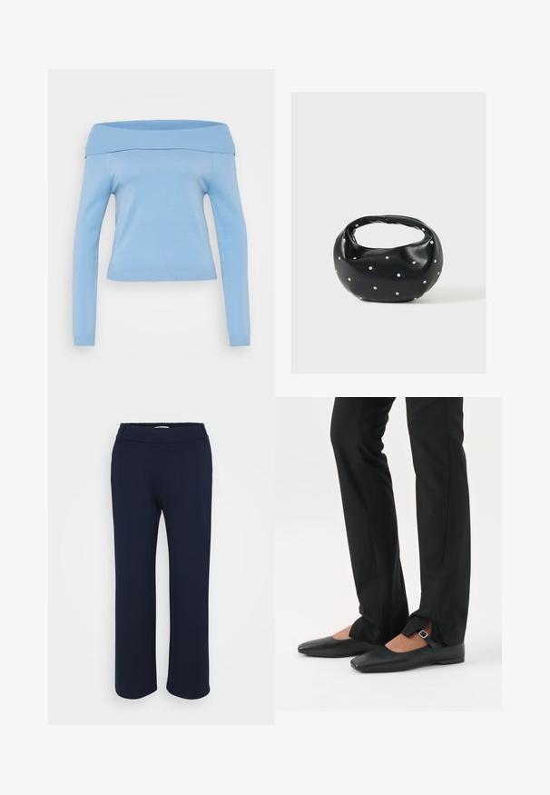 Helles blaues, schulterfreies Langarmoberteil mit geripptem Ausschnitt und Bündchen, taillierte Passform und glattes, leichtes Material.; Marineblaue gerade geschnittene Hose aus elastischem Material, mit flachem Bund und zwei seitlichen Taschen für Funktionalität.; Beine in schwarzen schmalen Hosen mit vorderen Schlitzen am Saum, kombiniert mit schwarzen flachen Mary-Jane-Schuhen mit kleinem Schnallenriemen.; Schwarze Lederhandtasche mit abgerundeter Form, verziert mit silbernen Nietenakzenten und kurzem Griff. Glatte Struktur und Reißverschlussverschluss.