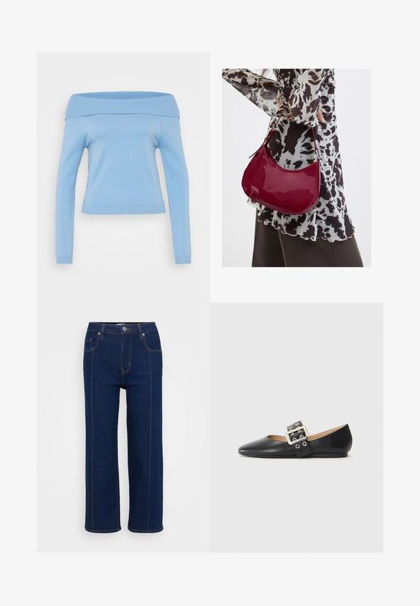 Lyseblå, off-the-shoulder langærmet top med ribbet udskæring og manchetter, tætsiddende design og glat, let stof.; Mørkeblå lige ben jeans med knaplukning, for- og baglommer samt synlig orange syning langs sømmene.; Sort læder flad sko med spidst tåparti og en dekorativ spænde-rem med sølvfarvet hardware og små udskæringer.; Kvinde iført en sort- og hvidmønstret bluse, der holder en blank rød skuldertaske mod en ensfarvet baggrund.