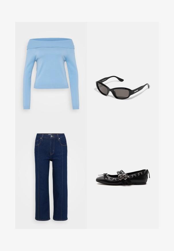 Lyseblå, off-the-shoulder langærmet top med ribbet udskæring og manchetter, tætsiddende design og glat, let stof.; Mørkeblå lige ben jeans med knaplukning, for- og baglommer samt synlig orange syning langs sømmene.; Sort flad balletsko med dobbelt spænde, sølvøjer og en lille sløjfe nær den runde tå på en hvid baggrund.; Sorte solbriller med rektangulært stel, mørke linser, glat plastmateriale og en metalaccent på templet.