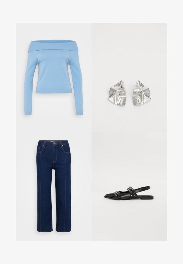 Lyseblå, off-the-shoulder langærmet top med ribbet udskæring og manchetter, tætsiddende design og glat, let stof.; Mørkeblå lige ben jeans med knaplukning, for- og baglommer samt synlig orange syning langs sømmene.; Even&Odd by Zalando Slingback-ballerinasko - black; Sølvmetal øreringe med et bølgende, skulpturelt design, der har en poleret overflade og uregelmæssige former, hvilket fremhæver en moderne æstetik.
