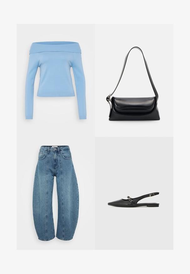 Helles blaues, schulterfreies Langarmoberteil mit geripptem Ausschnitt und Bündchen, taillierte Passform und glattes, leichtes Material.; Helle blaue, hoch geschnittene Jeans aus Denim mit weitem Bein, fünf Taschen und Nähdetails. Glatte Textur mit sauberem Finish.; Schwarze Slingback-Schuhe aus Leder mit spitzer Zehenpartie, schmalem Riemen und silberner Schnallenverzierung an der Seite. Flache Sohle.; Schwarze Lederhandtasche mit strukturiertem Design, glatter Textur und einem einzelnen Schulterriemen. Verfügt über ein dezentes, abgerundetes Klappendesign.