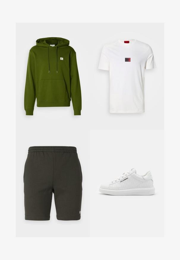 Sweatshirt olive chiné avec une poche kangourou, un capuchon à cordon, des poignets et un ourlet côtelés, et un petit logo cousu sur la poitrine.; T-shirt blanc en coton avec un petit logo rectangulaire rouge et noir centré sur la poitrine. Manches courtes, col rond.; Shorts vert foncé avec taille élastique en tissu doux. Présentent une coupe droite, des jambes ourlées et un petit logo sur le bas à droite.; Baskets blanches en cuir lisse avec motif gaufré. Présentent un bout rond, un laçage à l'avant et une semelle texturée. Détail du logo argenté sur le côté.
