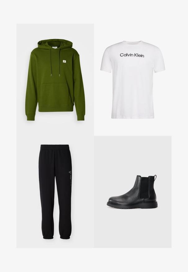 Olivgrüner Hoodie mit Kängurutasche, Kapuze mit Zugband, gerippten Bündchen und Saum sowie einem kleinen Logopatch auf der Brust.; Weißes T-Shirt mit kurzen Ärmeln und Rundhalsausschnitt, mit schwarzem "Calvin Klein"-Schriftzug mittig auf der Brust.; Schwarze Jogginghose aus weichem Stoff mit elastischem Bund, Bündchen an den Knöcheln und einem gedruckten Logodetail an der Seite.; Schwarze Leder-Chelsea-Boots mit strukturiertem Finish, elastischen seitlichen Einsätzen und einer robusten Gummisohle. Dezentes Branding an der Ferse.