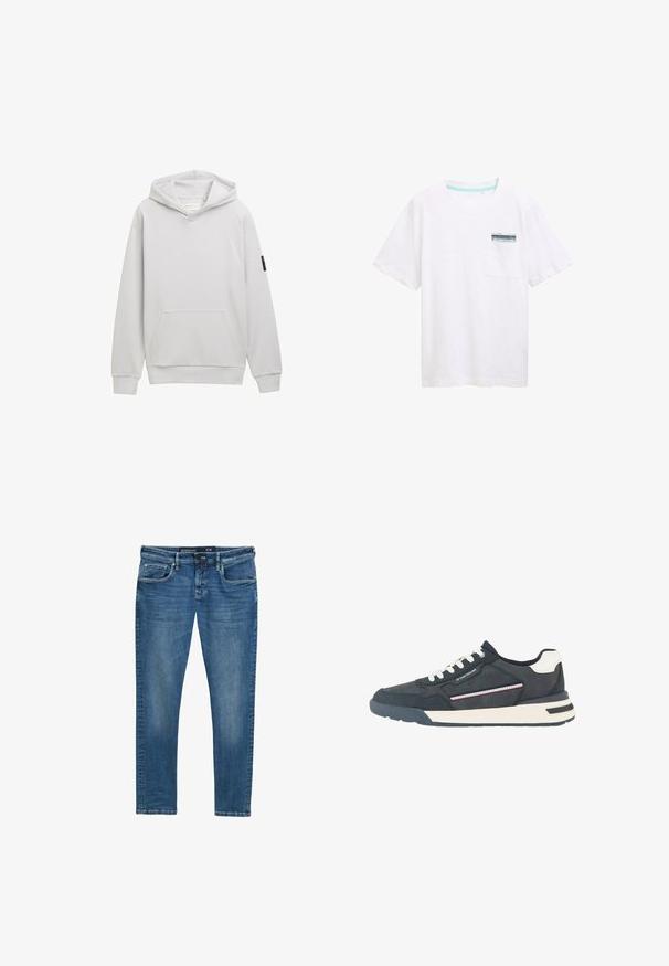 Lichtgrijze hoodie met een kangoeroe-pocket, ribbelboorden en een klein zwart label op de linkermouw. Soepele textuur, casual ontwerp.; Witte katoenen t-shirt met korte mouwen, met een zak voorzien van een blauw-wit label. Soepele textuur en ontspannen pasvorm.; Blauwe spijkerbroek met een rechte pijp, vijf zakken, subtiele wassing op de bovenbenen en een taillebandlabel dat maat 31/32 aangeeft.; Heren sneaker in marineblauw en wit met witte veters, geperforeerde neus, gestreept zijdetail en merkaccent op het zijpaneel.