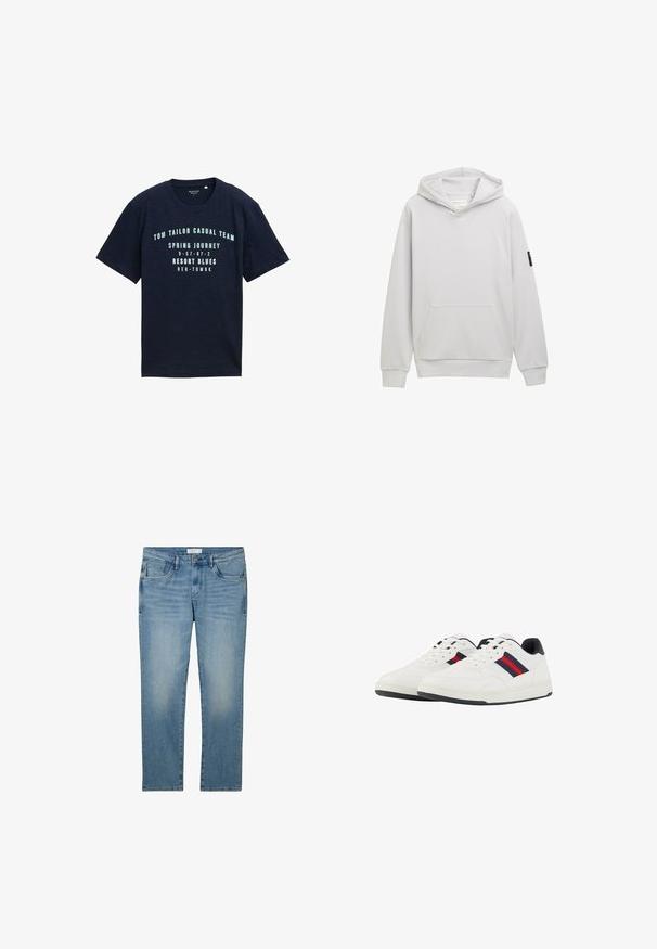 Hellgrauer Kapuzenpullover mit einer Kängurutasche, gerippten Bündchen und einem kleinen schwarzen Etikett am linken Ärmel. Glatte Textur, lässiges Design.; Marineblaue Kurzarm-Baumwoll-T-Shirt mit runder Ausschnitt, versehen mit bedrucktem weißen Text und Zahlen auf der Vorderseite in einem lässigen Design.; Blaue Jeans aus Denim mit geradem Beinschnitt, ausgestattet mit fünf Taschen und einem ausgewaschenen Finish. Der Stoff hat eine glatte Textur und einen leichten Stretch.; TOM TAILOR Sneaker low - white navy