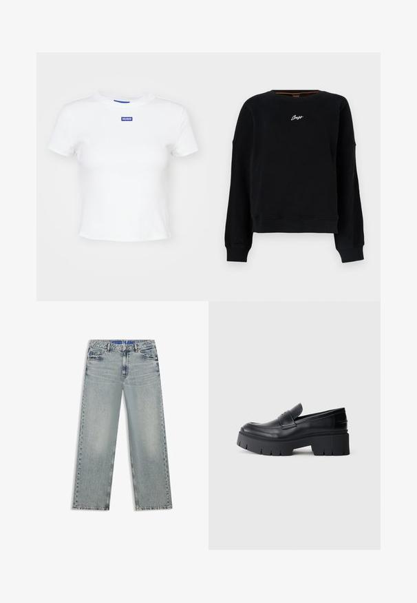 Sort langærmet sweatshirt med ribbede manchetter og kant, med lille hvid "Boss"-logo centreret på brystet.; Hvid bomulds t-shirt med korte ærmer, rund halsudskæring og et blåt rektangulært logo-patch med teksten "HUGO" midt foran.; Lyseblå jeans med vide ben lavet af denim, med udvaskede områder, fem lommer og en blå mærket taljebånd.; Sort klodset platform loafers med glat læderoverdel, dekorativ rem og tyk struktureret sål på hvid baggrund.
