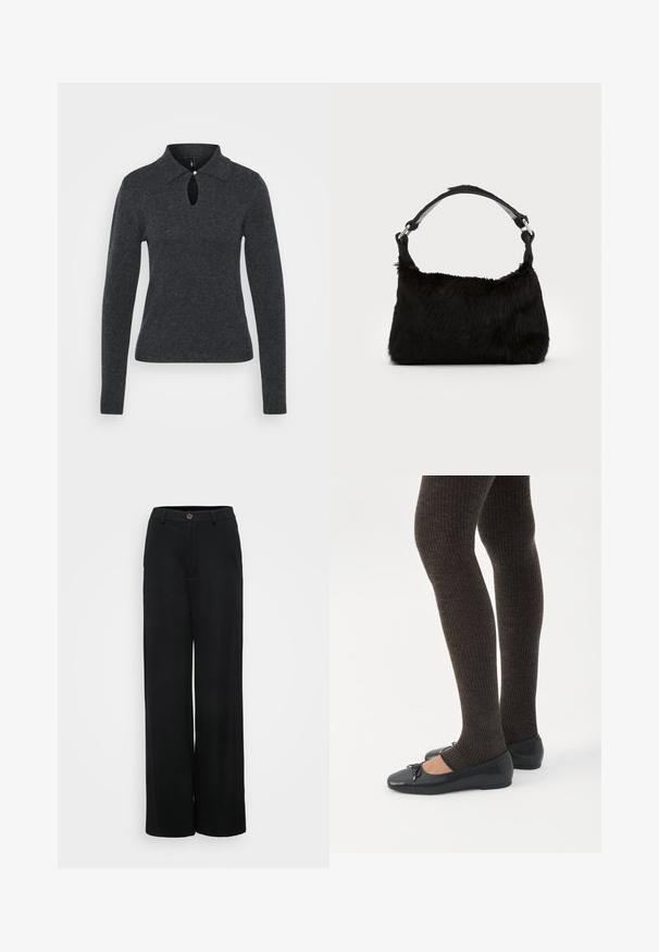 Pull en tricot gris foncé avec col, manches longues et une ouverture en forme de trou de serrure au niveau du décolleté, avec un petit détail de bouton.; Pantalons noirs à jambes larges avec une texture lisse, dotés d'une fermeture à bouton et de poches avant. Design classique et polyvalent, idéal pour diverses occasions.; Jambes portant des leggings côtelés foncés associés à des ballerines noires avec de petits détails en nœud sur fond blanc.; Sac à main en fausse fourrure noire avec une texture douce, une forme arrondie et une bandoulière en cuir noir robuste. Accent en métal argenté visible.
