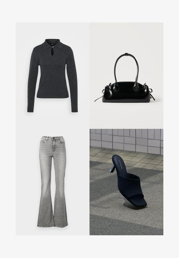 Donkergrijze gebreide trui met een kraag, lange mouwen en een sleutelgatopening bij de halslijn, voorzien van een klein knoopdetail.; Grijze flared jeans van denim, met een hoge taille, voorkezen en een vervagingseffect. De zoom is iets breder, waardoor een flared vorm ontstaat.; Zwarte open teen mule met blokhak en vierkante neus, met merk "EVEN&ODD," geplaatst op grijze stoep vlakbij een betegelde muur.; Kleine zwarte glanzende handtas met twee lange hengsels en zijkant trekkoord details op een effen lichte achtergrond.
