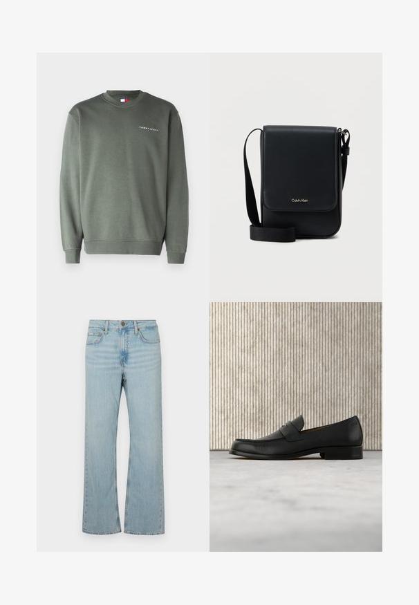 Oliivihreä collegepaita, jossa on pyöreä kaula-aukko, ribbaus hihansuissa ja helmassa, ja jossa on valkoinen "TOMMY JEANS" -logo rinnassa. Puuvillasekoitemateriaali.; Vaaleansiniset farkut, joissa on levenevä lahje ja keskikorkea vyötärö, viisi taskua ja kontrastiväriset saumat. Vaatteessa on vetoketjuluukku ja metallinappikiinnitys.; Musta nahkainen loaferi leijuu beigeä mattoa vasten, taustalla kiiltävä ruskea pyöreä pöytä.; Musta Calvin Klein -laukku olalle, jossa on läppä, säädettävä hihna ja pieni kultainen logo edessä, valkoista taustaa vasten.