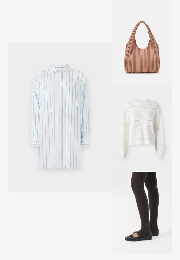 Suéter blanco de punto con mangas globo, que presenta patrones de calado con puntos y rayas. Cuello redondo y dobladillo acanalados. Diseño corto.; Camisa blanca con rayas verticales azules, de manga larga, con cierre de botones y dos bolsillos en el pecho. Fabricada con un tejido ligero.; Piernas con leggings oscuros acanalados combinados con bailarinas negras que presentan pequeños detalles de lazo sobre un fondo blanco.; Bolso de mano pliegues de color rosa claro con una abertura redondeada y dos asas alargadas, hecho de material suave y texturizado, que realza su diseño flexible.