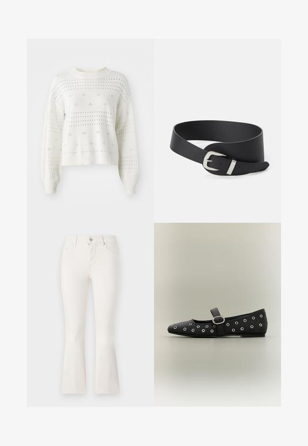 Pull en tricot blanc avec des manches ballon, comportant des motifs aérés à pois et rayures. Col ras du cou et ourlet côtelés. Design court.; Jean blanc évasé en denim avec une taille ajustée, cinq poches et une fermeture éclair à l'avant. Texture lisse et design épuré.; Chaussure Mary Jane plate noire avec des œillets argentés et une boucle argentée sur la bride, sur un fond neutre.; Ceinture en cuir noir au design plat, dotée d'une boucle en métal argenté et de trous réglables pour le maintien. Texture lisse et sans motifs visibles.