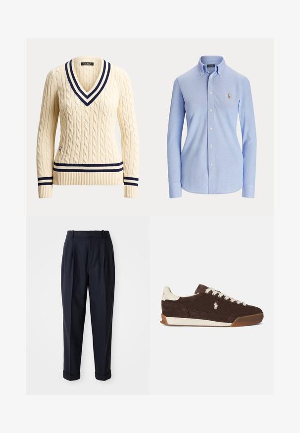 Kremfarvet strikket sweater med kabelmønster, med navy og hvide stribede V-hals, manchetter og kant, med lange ærmer og et lille broderet logo nær taljen.; Lyseblå langærmet skjorte med knapper, knappet krave og lille broderet logo på venstre bryst.; Mørkeblå bukser lavet af glat stof, med plisseret front, tapered ben og manchetter ved anklerne. Skræddersyet design med bæltestropper.; Brun ruskindsneaker med hvide snørebånd, en kontrasterende hvid hæl, gummisål og et broderet logo på siden. Klassisk lavt design.