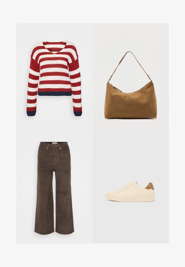 Rot-weißer gestreifter Strickpullover mit einem cropped Design und einem navyblauen Saum. Verfügt über lange Ärmel und einen weiten V-Ausschnitt.; Braune Corduroy-Hosen mit weitem Bein und gerippter Textur, fünf Taschen und vorderem Knopfverschluss. Mit einem Etikett am Bund.; Beiger Sneaker mit niedrigem Schaft, beigen Schnürsenkeln, einem braun gemusterten Fersenlaschen und dem "Coach New York"-Logo an der Seite.; Braune Wildleder-Umhängetasche mit einem einzelnen Träger und einem Reißverschluss oben, präsentiert vor einem schlichten weißen Hintergrund.