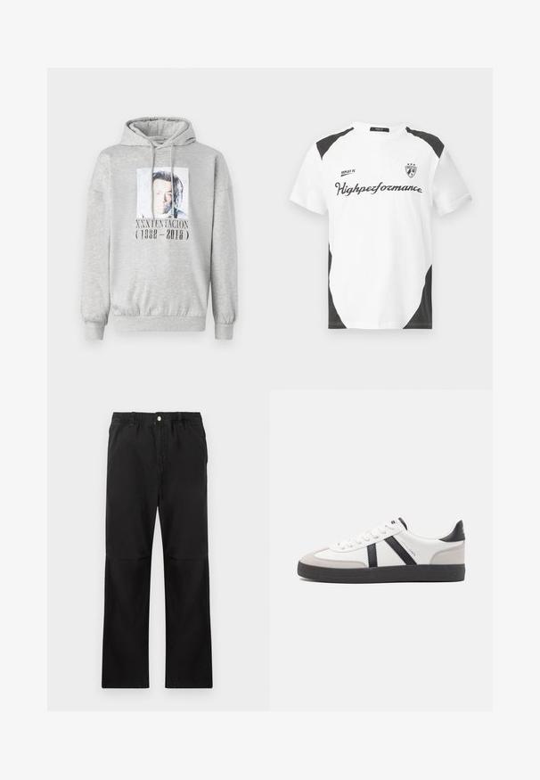 Sudadera gris claro con una fotografía frontal y el texto "XXXTENTACION (1998 - 2018)" en honor al fallecido artista musical.; Camiseta blanca de manga corta con acentos negros. Lleva el logo "REPLAY FC" y el texto "Highperformance" en una fuente deportiva. Fabricada con un material suave.; Pantalones negros de algodón con una cintura elástica, que cuentan con un diseño de pierna recta, textura suave y sin acentos ni patrones visibles.; Zapatilla blanca con acentos en negro y gris, que presenta una puntera texturizada en gris, suela de goma negra y cordones planos blancos. Diseño limpio, estilo minimalista.