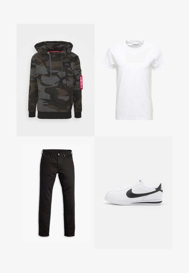 Camouflage-Hoodie in verschiedenen Dunkelgrün- und Grautönen, mit einer großen Fronttasche, einer Kapuze mit Kordelzug und einer Reißverschlusstasche mit rotem Anhänger.; Weißes Baumwoll-T-Shirt mit kurzen Ärmeln, Rundhalsausschnitt und glatter Textur. Etikett am Ausschnitt sichtbar. Einfacher und klassischer Stil.; Schwarze Denim-Jeans mit geradem Bein, Fronttaschen und Knopfverschluss. Der Stoff hat eine glatte Textur und minimale Details.; Weiße Ledersneaker mit schwarzem Nike-Swoosh, flachen Schnürsenkeln und strukturiertem Gummisohlen. Abgerundete Zehenpartie und gepolsterter Kragen für zusätzlichen Komfort.